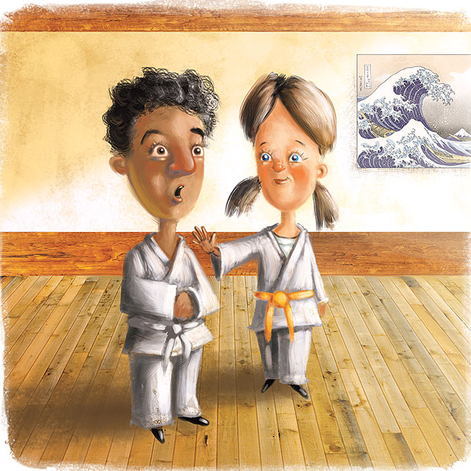 enlargeable illustration of a girl and shocked young boy wearing karate uniforms