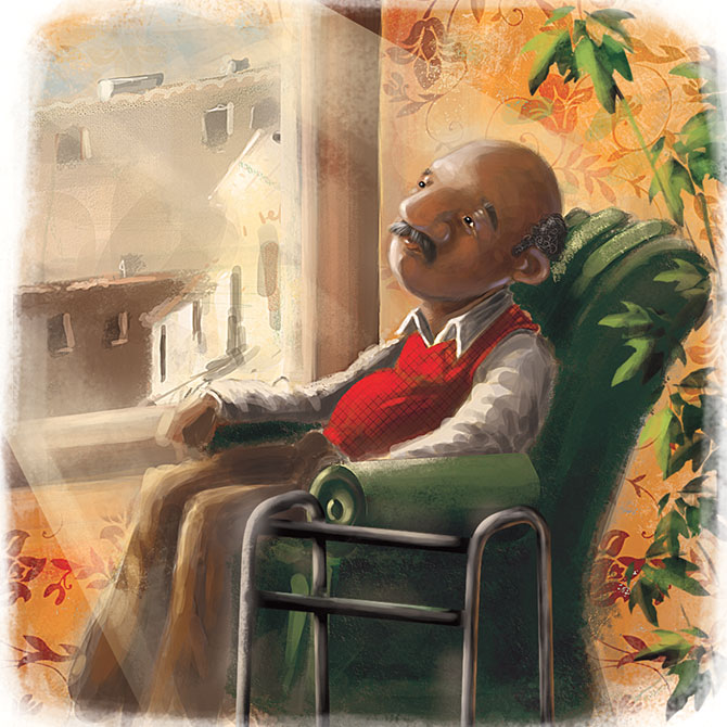 enlargeable illustration of an old man in a chair looking out his window