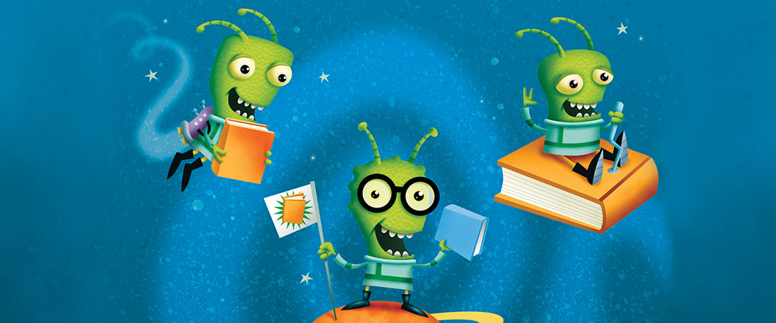 Five green aliens floating in space with books