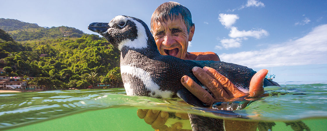 a man holding a penguin in the water 