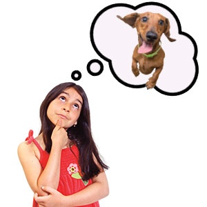 a girl with a thought bubble that shows a dog
