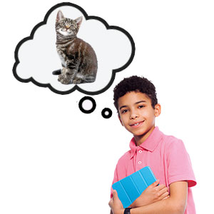 a boy with a thought bubble that shows a cat