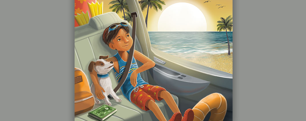 illustration of a boy and his dog in the back of a car