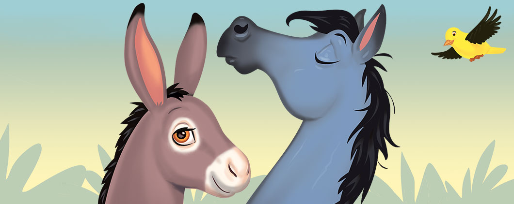illustration of a donkey, a horse, and a yellow bird