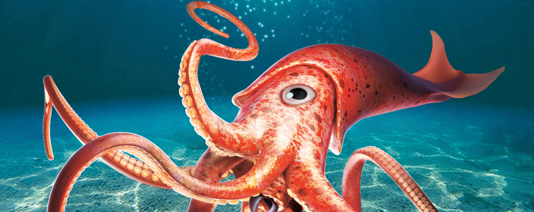 Illustration of giant red squid underwater