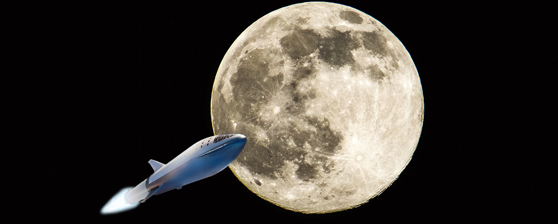 Image of a spaceship flying across moon