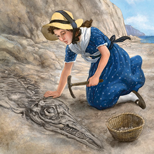 Illustration of kid from back in the day discovering a fossil on the beach