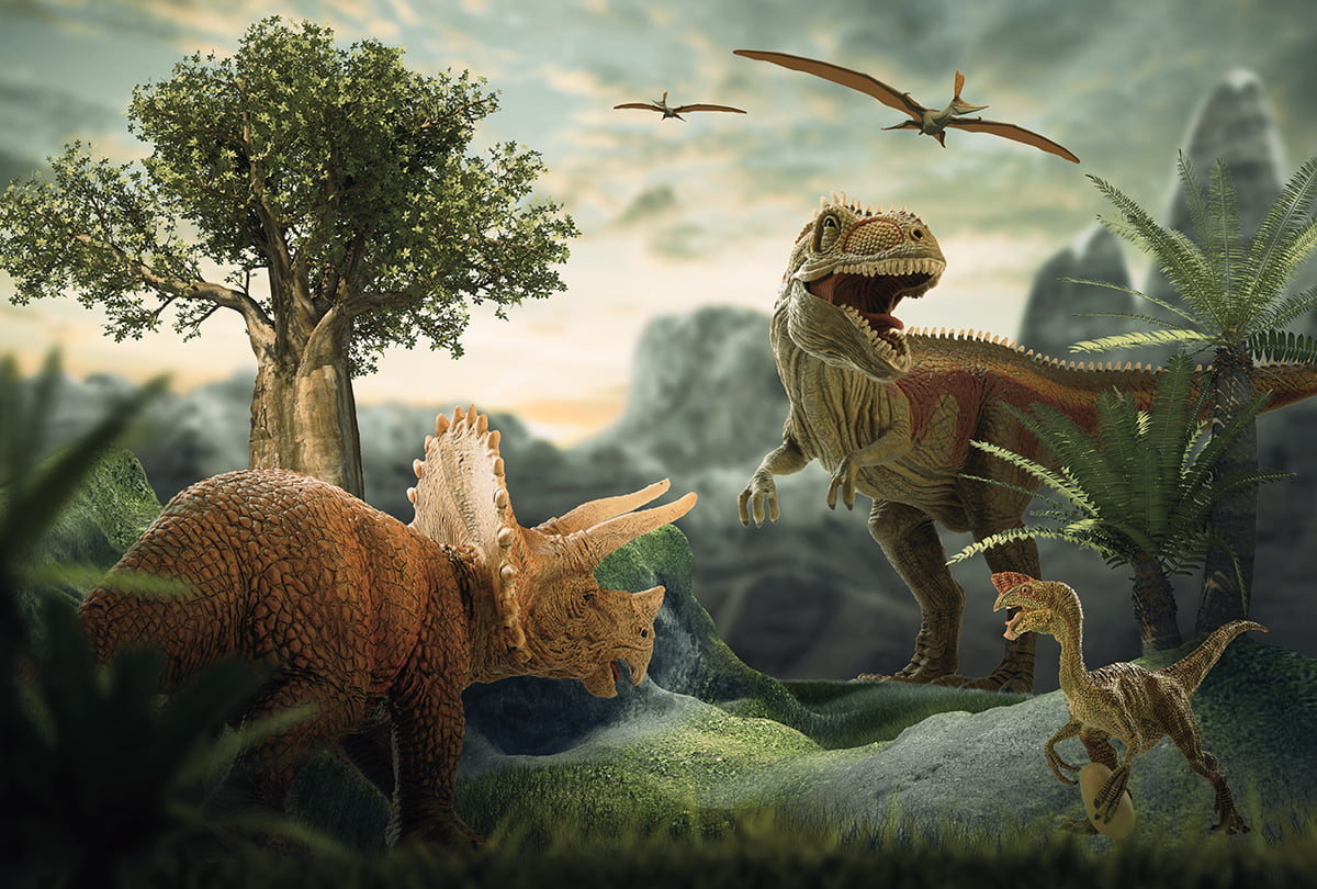Digital image of a variety of dinosaurs existing together