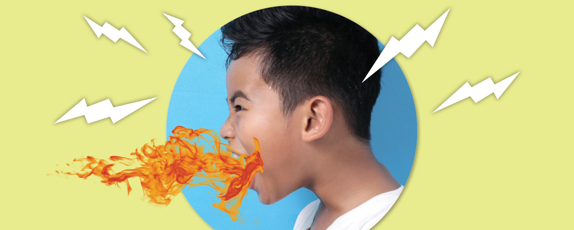 Image of a panicked kid exhaling flames from their mouth