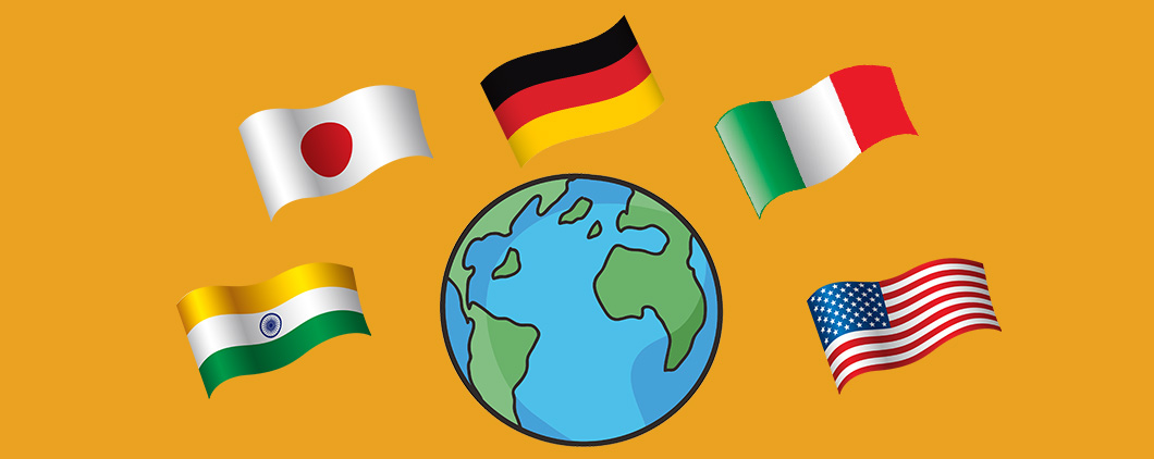 Image of Earth surrounded by five flags from different countries