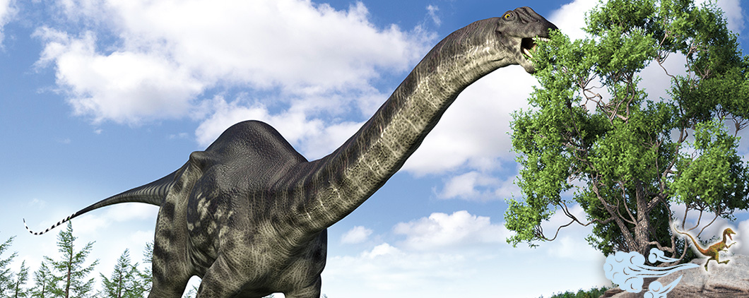 Digital illustration of a dinosaur eating leaves from a tree