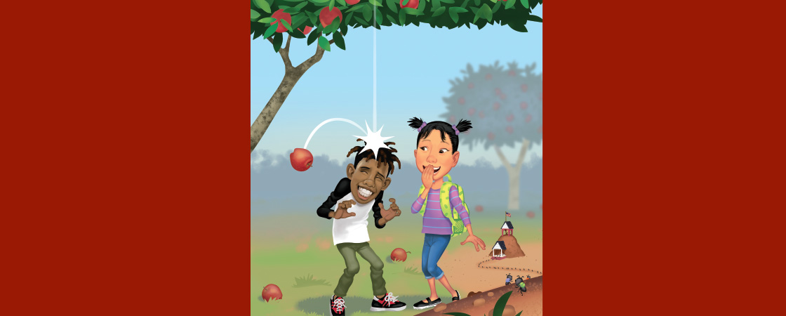 Illustration of a student laughing at another student who just had an apple fall on their head