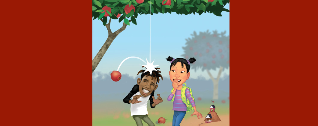 Illustration of a student laughing at another student who just had an apple fall on their head