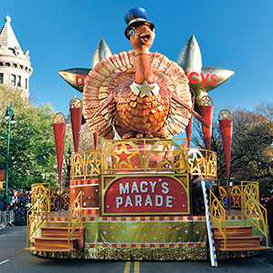 Image of the Thanksgiving Macy&apos;s Parade Float with giant Turkey on it