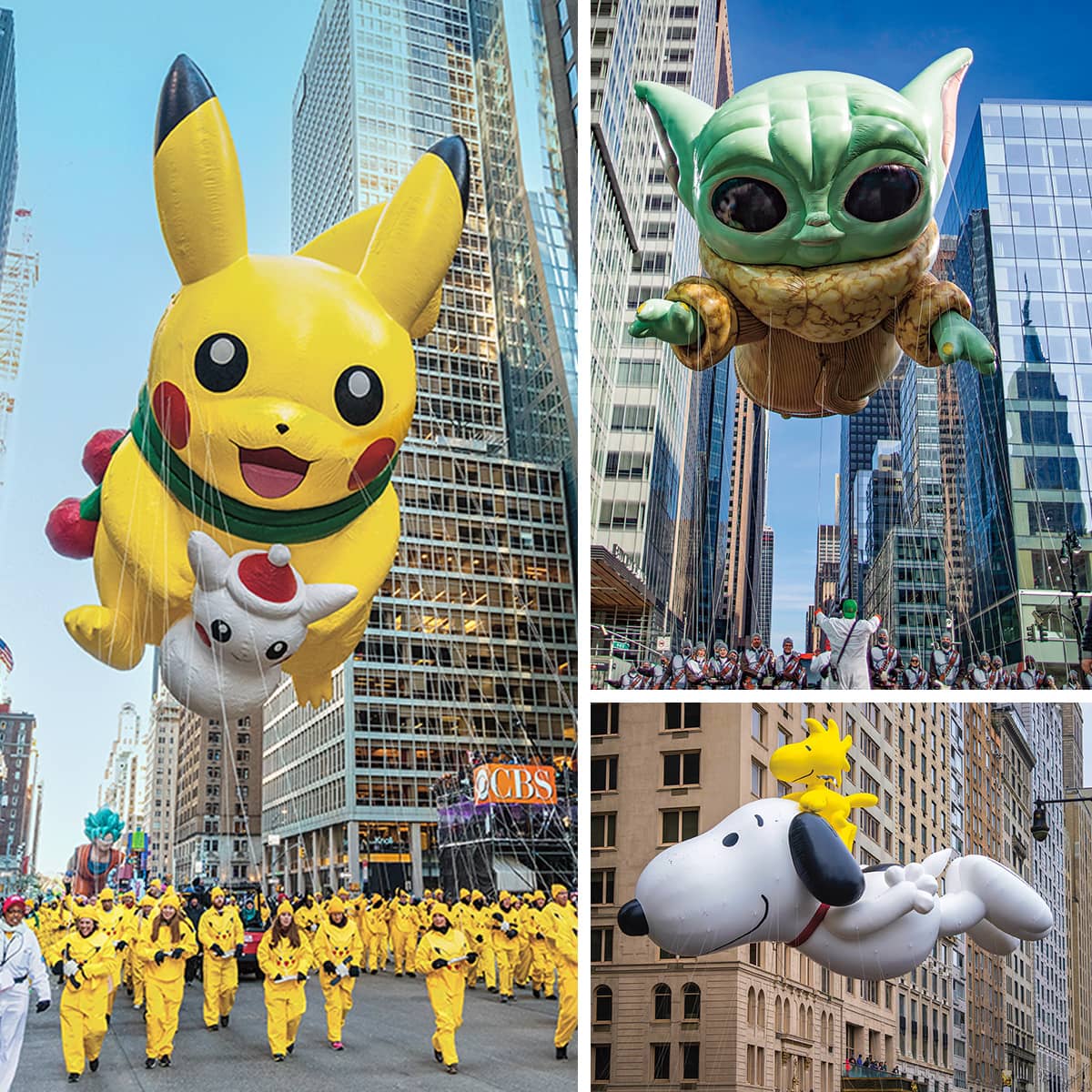 Image of a Pikachu, Baby Yoda, and Snoopy parade float