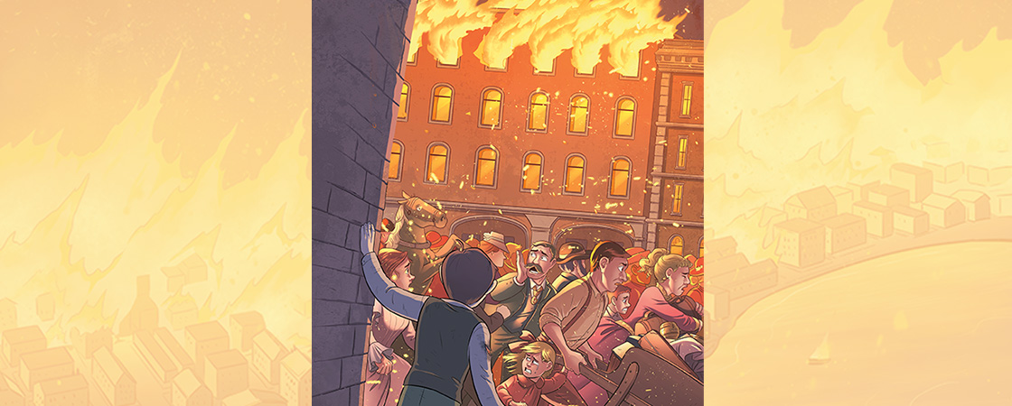 Illustration of people running from a city building on fire