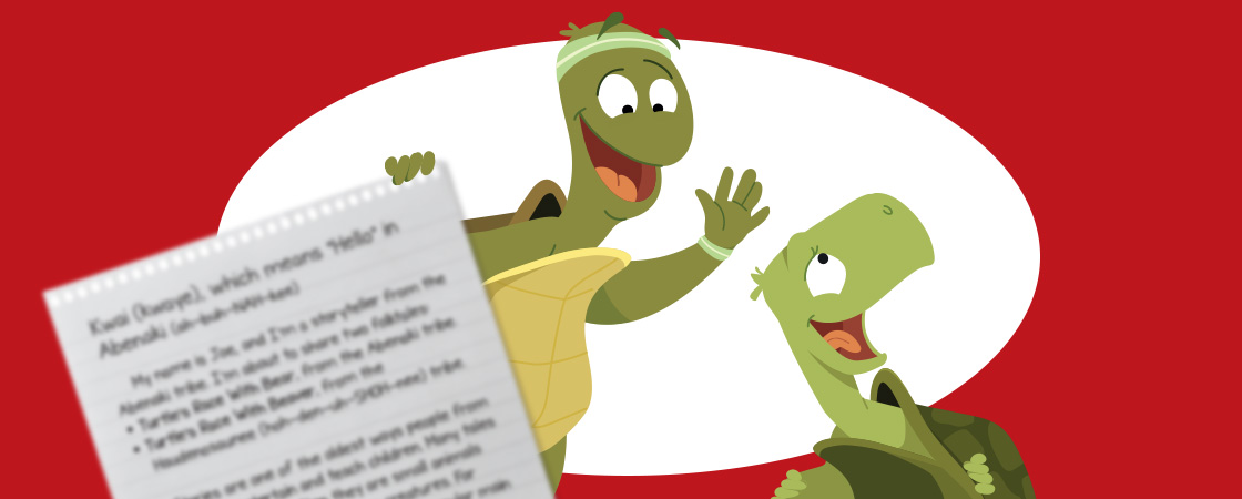 Illustration of two smiling turtles and one holding sheet of paper