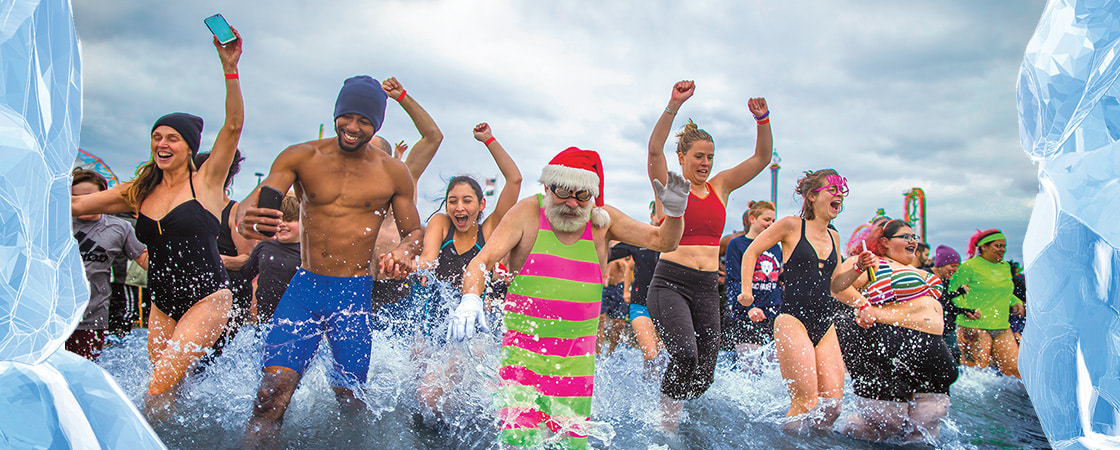 Illustration of a large group of people wearing bathing suits and running into cold ocean water