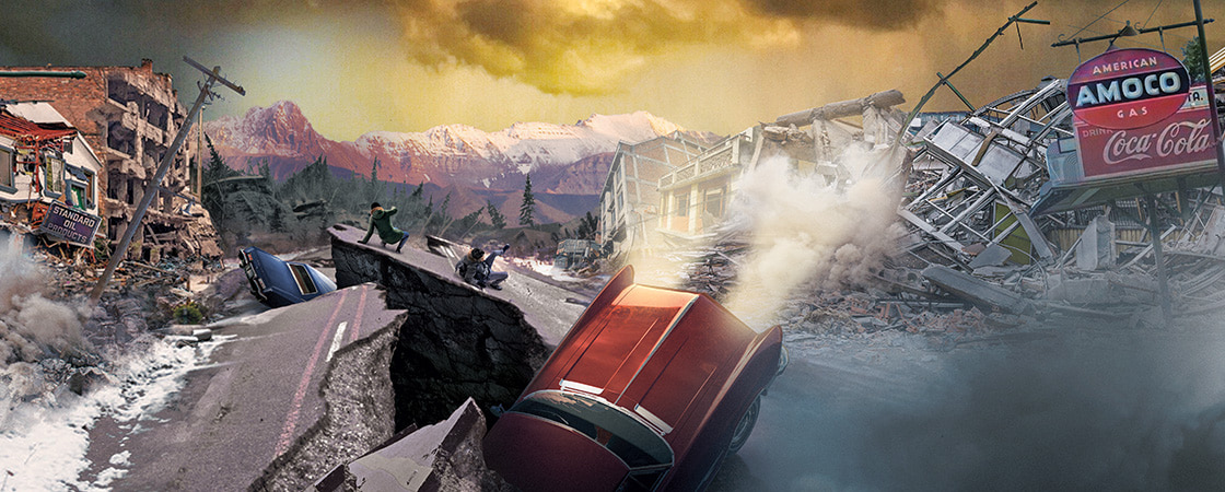 Image of the aftermath of an earthquake in a town