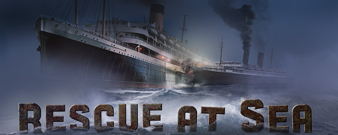 Image of ships in the sea with text, "Rescue at Sea"