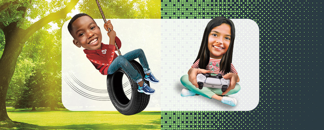 Image of kid swinging on tire swing outdoors and kid playing videogames inside