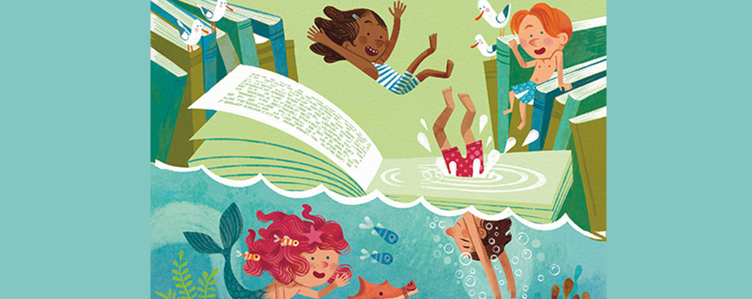 Colorful illustration of human children and mermaid children enjoying the summer ocean